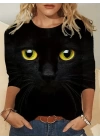 Kadın Uzun Kollu Bisiklet Yaka Kedi Desenli Süprem Bluz