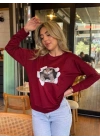 Kadın Uzun Kollu Bisiklet Yaka Kedi Desenli Viskon Iki Iplik Bluz