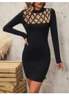Kadın Uzun Kollu Bisiklet Yaka Lazer Kesim Inci Detay Viskon Iki Iplik Mini Boy Elbise
