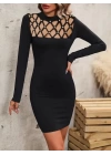 Kadın Uzun Kollu Bisiklet Yaka Lazer Kesim Inci Detay Viskon Iki Iplik Mini Boy Elbise