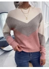 Kadın Uzun Kollu Bisiklet Yaka Renk Bloklu Triko Bluz