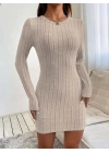 Kadın Uzun Kollu Bisiklet Yaka şardonlu Kalın Fitilli Kaşkorse Mini Boy Elbise