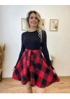 Kadın Uzun Kollu Bisiklet Yaka üst Viskon Alt Ekose Kısa Elbise