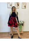 Kadın Uzun Kollu Bisiklet Yaka üst Viskon Alt Ekose Kısa Elbise