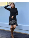 Kadın Uzun Kollu Bisiklet Yaka üst Viskon Etek Ucu Deri Kısa Elbise