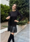 Kadın Uzun Kollu Bisiklet Yaka üst Viskon Etek Ucu Deri Kısa Elbise