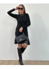 Kadın Uzun Kollu Bisiklet Yaka üst Viskon Etek Ucu Deri Kısa Elbise