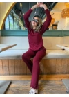 Kadın Uzun Kollu Bisiklet Yaka Viskon Iki Iplik Bluz Ve Pantolon Ikili Takım