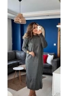 Kadın Uzun Kollu Bisiklet Yaka Yırtmaç Detay Triko Midi Boy Elbise