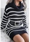 Kadın Uzun Kollu Degaje Yaka çizgili Sonya Iplik Mini Boy Triko Elbise (kemersiz)
