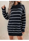 Kadın Uzun Kollu Degaje Yaka çizgili Sonya Iplik Mini Boy Triko Elbise (kemersiz)