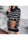 Kadın Uzun Kollu Degaje Yaka çizgili Sonya Iplik Mini Boy Triko Elbise (kemersiz)