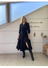 Kadın Uzun Kollu Eteği Fırfırlı Beli Kuşaklı Trikoton Tam Boy Gömlek Elbise