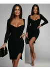 Kadın Uzun Kollu Geniş Yaka Yırtmaç Detay Mini Boy Triko Elbise
