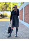 Kadın Uzun Kollu Kapüşon Ve Deri Detay Diz üstü Elbise