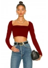 Kadın Bordo Kare Yaka Uzun Kollu Çift Kat İpek Jarse Kumaş Basic Crop Top