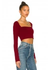 Kadın Bordo Kare Yaka Uzun Kollu Çift Kat İpek Jarse Kumaş Basic Crop Top