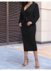 Kadın Uzun Kollu Kruvaze Yaka Belden Kuşaklı Midi Ithal Krep Elbise