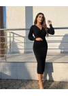 Kadın Uzun Kollu Kruvaze Yaka Büzgü Ve Balon Kol Detay Krep Kumaş Maxi Boy Elbise