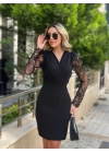 Kadın Uzun Kollu Kruvaze Yaka Kollar Tül Detay Krep Mini Boy Elbise