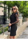 Kadın Uzun Kollu Kruvaze Yaka Kollar Tül Detay Krep Mini Boy Elbise