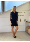 Kadın Uzun Kollu Kruvaze Yaka Kollar Tül Detay Krep Mini Boy Elbise