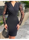 Kadın Uzun Kollu Kruvaze Yaka Kollar Tül Detay Krep Mini Boy Elbise