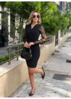 Kadın Uzun Kollu Kruvaze Yaka Kollar Tül Detay Krep Mini Boy Elbise