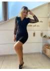 Kadın Uzun Kollu Kruvaze Yaka Kollar Tül Detay Krep Mini Boy Elbise