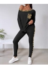 bysoca Kadın Kayık Yaka Leopar Desenli Düşük Omuzlu Sweatshirt ve Jogger Eşofman İkili Takım - Siyah