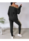 bysoca Kadın Kayık Yaka Leopar Desenli Düşük Omuzlu Sweatshirt ve Jogger Eşofman İkili Takım - Siyah