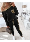 bysoca Kadın Kayık Yaka Leopar Desenli Düşük Omuzlu Sweatshirt ve Jogger Eşofman İkili Takım - Siyah
