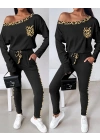 bysoca Kadın Kayık Yaka Leopar Desenli Düşük Omuzlu Sweatshirt ve Jogger Eşofman İkili Takım - Siyah