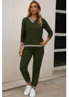 bysoca Kadın Uzun Kollu V Yaka Ribana Detaylı Bluz ve Cepli Jogger Pantolon İkili Takım - Haki