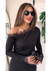 Kadın Uzun Kollu Tek Omuzu Açık Dantelli Burgu Bluz