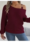 Kadın Uzun Kollu Tek Omuzu Açık Tokalı Triko Bluz