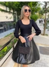 Kadın Uzun Kollu üst Viskon Alt Kloş Deri Elbise