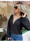 Kadın Uzun Kollu V Dantel Yaka şardonsuz üç Iplik Bluz