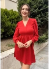 Kadın Uzun Kollu V Yaka Belden Hafif Pileli Scuba Krep Mini Boy Elbise