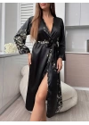 Kadın Uzun Kollu V Yakalı çiçek Baskılı Belden Kuşaklı Midi Saten Gecelik