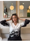 Kadın Uzun Kollu V Yakalı çiçek Baskılı şardonlu Dalgıç Bluz