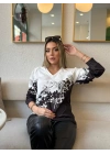 Kadın Uzun Kollu V Yakalı çiçek Baskılı şardonlu Dalgıç Bluz