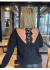 Kadın Uzun Kollu V Yakalı Pencere Sırt Dantel Detaylı Kalın Fitilli Kaşkorse Bluz