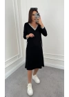 Kadın Uzun Kollu V Yakalı şerit Detaylı Cepli Midi Viskon Iki Iplik Elbise