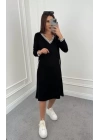 Kadın Uzun Kollu V Yakalı şerit Detaylı Cepli Midi Viskon Iki Iplik Elbise