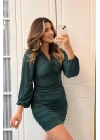 Kadın Uzun Kollu V Yakalı Yanlardan Büzgülü Kısa Sandy Elbise