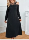 Kadın Uzun Kollu Yaka önü Güpürlü Madonna Yaka Viskon Midi Boy Elbise