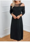 Kadın Uzun Kollu Yaka önü Güpürlü Madonna Yaka Viskon Midi Boy Elbise