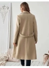 Kadın Uzun Kollu Yakalı Belde şerit Düğme Detaylı Cepli Mini Kaşe Kaban