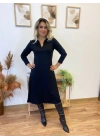 bysoca Kadın Uzun Kollu Polo Yaka Beli Oturtmalı Kloş Etek İki İplik Viskon Midi Boy Elbise - Siyah